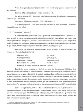 39
A taxa de evaporação utilizando o éter etílico como padrão emprega uma escala inversa.57
Por exemplo:
Benzeno: 5,1 (acetato de butila = 1) / 2,8 (éter etílico = 1).
Ou seja, o benzeno é 5,1 vezes mais volátil do que o acetato de butila e 2,8 vezes menos
volátil do que o éter etílico.
Isopropanol: 1,7 (acetato de butila = 1) / 7,1 (éter etílico = 1)
O álcool isopropílico é 1,7 vez mais volátil que o acetato de butila e cerca de 7 vezes me-
nos volátil que o éter etílico.
5.2.6 Solubilidade (Solubility)
A solubilidade da substância em água é geralmente informada nas ﬁchas. Os termos po-
dem ser mais ou menos vagos (parcialmente solúvel, pouco miscível), mas há fontes que trazem essa
informação de forma mais precisa, expressa em massa dissolvida em volume de água à temperatura
de 20o
C ou 25o
C. Por exemplo, a solubilidade do sal de cozinha (NaCl) em água é de 359 g/L, enquan-
to que a do sulfato ferroso (FeSO4
) anidro é de 25,6 g/100mL ou 256g/L de água.
As unidades são geralmente apresentadas em termos de massa da substância (soluto) em
relação ao volume do líquido (solvente):
Grama por litro g/L ou g L-1
Grama por mililitro g/mL ou g mL-1
Miligrama por mililitro mg/mL ou mg mL -1
Número de moles por litro mol/L ou mol L-1
Proporção de massa em relação a volume % (m/v)
Substâncias pouco miscíveis ou imiscíveis em água são chamadas de hidrófobas. Uma
forma de avaliar a miscibilidade da substância frente a solventes hidrofílicos (água) e lipofílicos (óleo ou
gordura) ao mesmo tempo é o Coeﬁciente de partição óleo/água. Este coeﬁciente representa de forma
numérica como uma substância líquida se distribui em uma mistura metade óleo e metade água em
dadas temperatura e pressão. Como existem muitos tipos de óleos diferentes entre si, para padronizar
o “óleo”, normalmente é utilizado um álcool (octanol) que tem características físico-químicas parecidas
com os óleos. Por isso, esse coeﬁciente também é chamado de octanol/água ou KOW (octanol/water).
Como a variação da solubilidade entre as substâncias é muito grande, é utilizada uma es-
cala logarítmica para facilitar a sua interpretação. Quanto maior o logKOW, mais solúvel é o composto
em óleos e menos em água. O logKOW de zero indica que a substância é distribuída igualmente entre
óleo e água e, quando é negativa, indica que é mais solúvel em água do que em óleo. Exemplos po-
dem ser vistos na tabela a seguir:
57
SIEGWERK. Evaporation rates of solvents. 2008. Disponível em: <http://www.siegwerk.com/ﬁleadmin/user_upload/cc/Data_Sheets/TM/
Verdunstungsgeschwindigkeit_e.pdf>. Acesso em: 26 jan. 2011.
Manual...SubstQuimicas.indd 39 11/7/2012 13:28:38
 