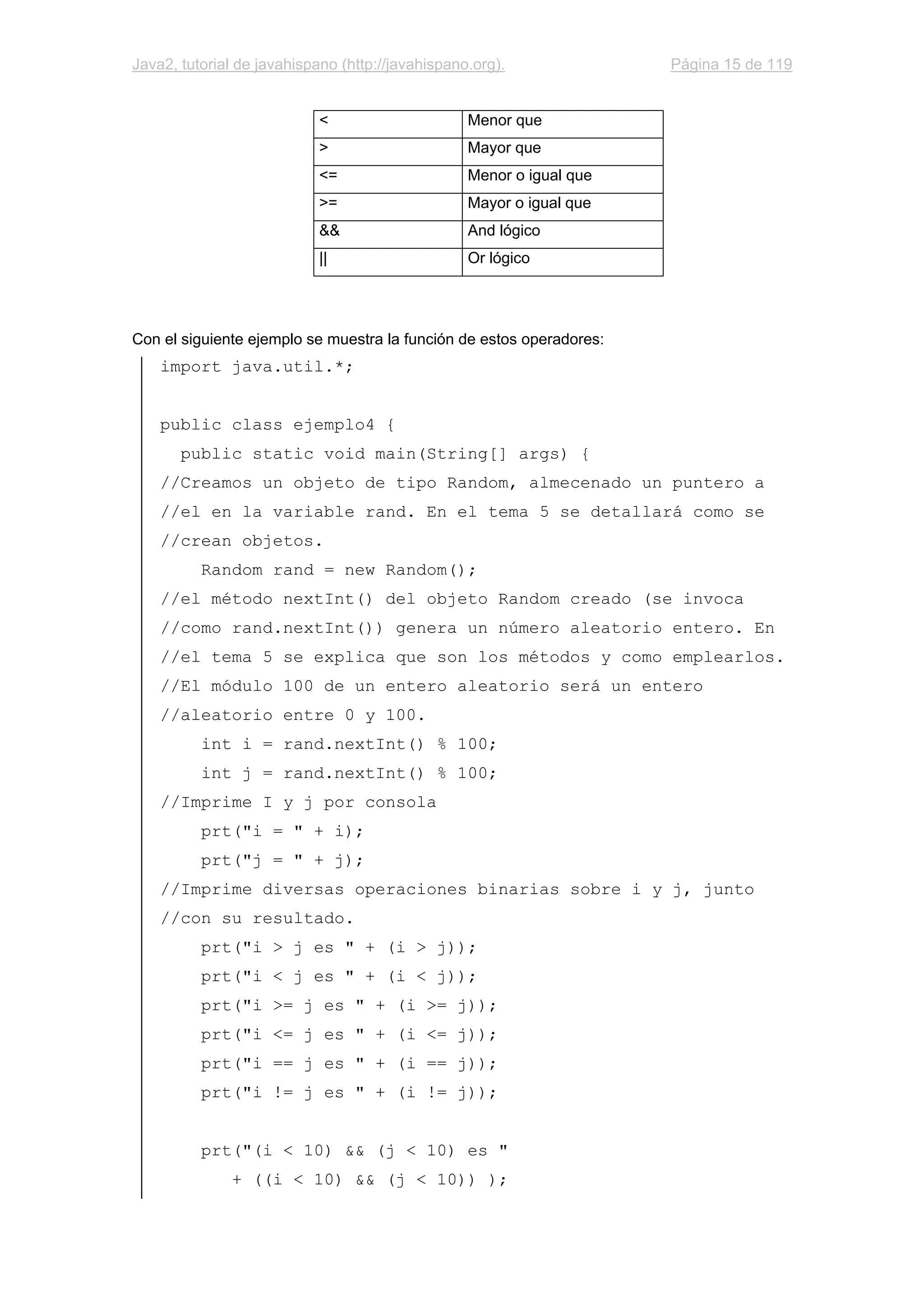 Java2, tutorial de javahispano (http://javahispano.org). Página 15 de 119
< Menor que
> Mayor que
<= Menor o igual que
>= Mayor o igual que
&& And lógico
|| Or lógico
Con el siguiente ejemplo se muestra la función de estos operadores:
import java.util.*;
public class ejemplo4 {
public static void main(String[] args) {
//Creamos un objeto de tipo Random, almecenado un puntero a
//el en la variable rand. En el tema 5 se detallará como se
//crean objetos.
Random rand = new Random();
//el método nextInt() del objeto Random creado (se invoca
//como rand.nextInt()) genera un número aleatorio entero. En
//el tema 5 se explica que son los métodos y como emplearlos.
//El módulo 100 de un entero aleatorio será un entero
//aleatorio entre 0 y 100.
int i = rand.nextInt() % 100;
int j = rand.nextInt() % 100;
//Imprime I y j por consola
prt("i = " + i);
prt("j = " + j);
//Imprime diversas operaciones binarias sobre i y j, junto
//con su resultado.
prt("i > j es " + (i > j));
prt("i < j es " + (i < j));
prt("i >= j es " + (i >= j));
prt("i <= j es " + (i <= j));
prt("i == j es " + (i == j));
prt("i != j es " + (i != j));
prt("(i < 10) && (j < 10) es "
+ ((i < 10) && (j < 10)) );
 