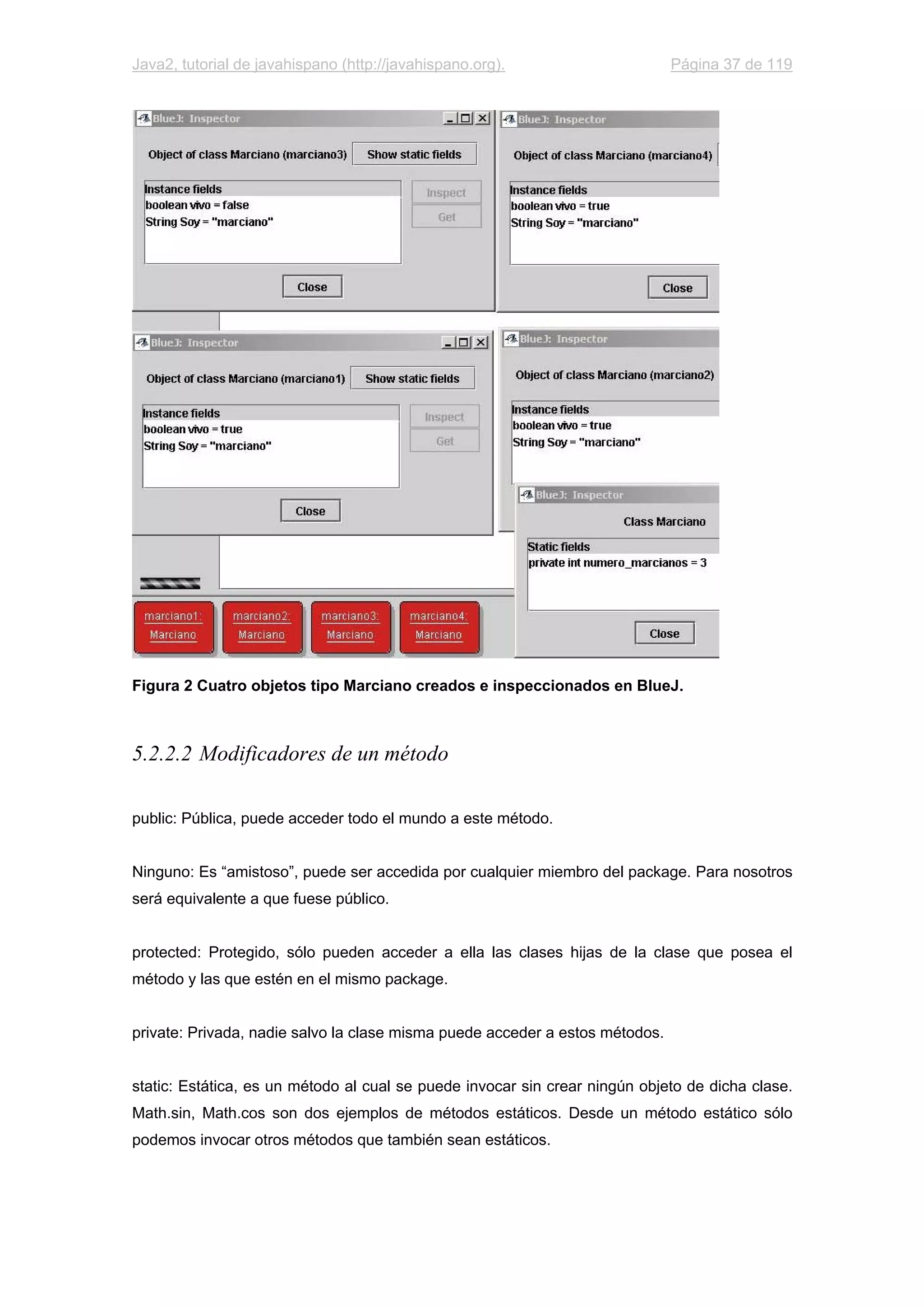 Java2, tutorial de javahispano (http://javahispano.org). Página 37 de 119
Figura 2 Cuatro objetos tipo Marciano creados e inspeccionados en BlueJ.
5.2.2.2 Modificadores de un método
public: Pública, puede acceder todo el mundo a este método.
Ninguno: Es “amistoso”, puede ser accedida por cualquier miembro del package. Para nosotros
será equivalente a que fuese público.
protected: Protegido, sólo pueden acceder a ella las clases hijas de la clase que posea el
método y las que estén en el mismo package.
private: Privada, nadie salvo la clase misma puede acceder a estos métodos.
static: Estática, es un método al cual se puede invocar sin crear ningún objeto de dicha clase.
Math.sin, Math.cos son dos ejemplos de métodos estáticos. Desde un método estático sólo
podemos invocar otros métodos que también sean estáticos.
 