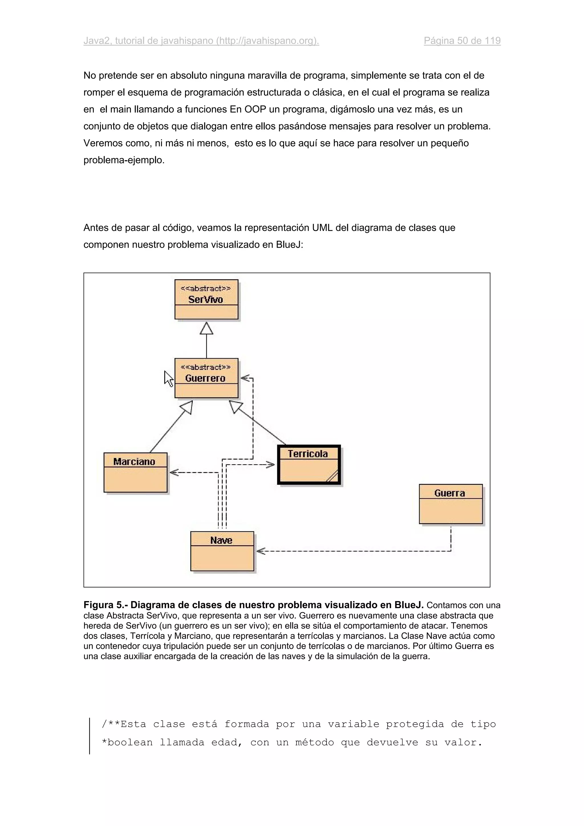 Java2, tutorial de javahispano (http://javahispano.org). Página 50 de 119
No pretende ser en absoluto ninguna maravilla de programa, simplemente se trata con el de
romper el esquema de programación estructurada o clásica, en el cual el programa se realiza
en el main llamando a funciones En OOP un programa, digámoslo una vez más, es un
conjunto de objetos que dialogan entre ellos pasándose mensajes para resolver un problema.
Veremos como, ni más ni menos, esto es lo que aquí se hace para resolver un pequeño
problema-ejemplo.
Antes de pasar al código, veamos la representación UML del diagrama de clases que
componen nuestro problema visualizado en BlueJ:
Figura 5.- Diagrama de clases de nuestro problema visualizado en BlueJ. Contamos con una
clase Abstracta SerVivo, que representa a un ser vivo. Guerrero es nuevamente una clase abstracta que
hereda de SerVivo (un guerrero es un ser vivo); en ella se sitúa el comportamiento de atacar. Tenemos
dos clases, Terrícola y Marciano, que representarán a terrícolas y marcianos. La Clase Nave actúa como
un contenedor cuya tripulación puede ser un conjunto de terrícolas o de marcianos. Por último Guerra es
una clase auxiliar encargada de la creación de las naves y de la simulación de la guerra.
/**Esta clase está formada por una variable protegida de tipo
*boolean llamada edad, con un método que devuelve su valor.
 