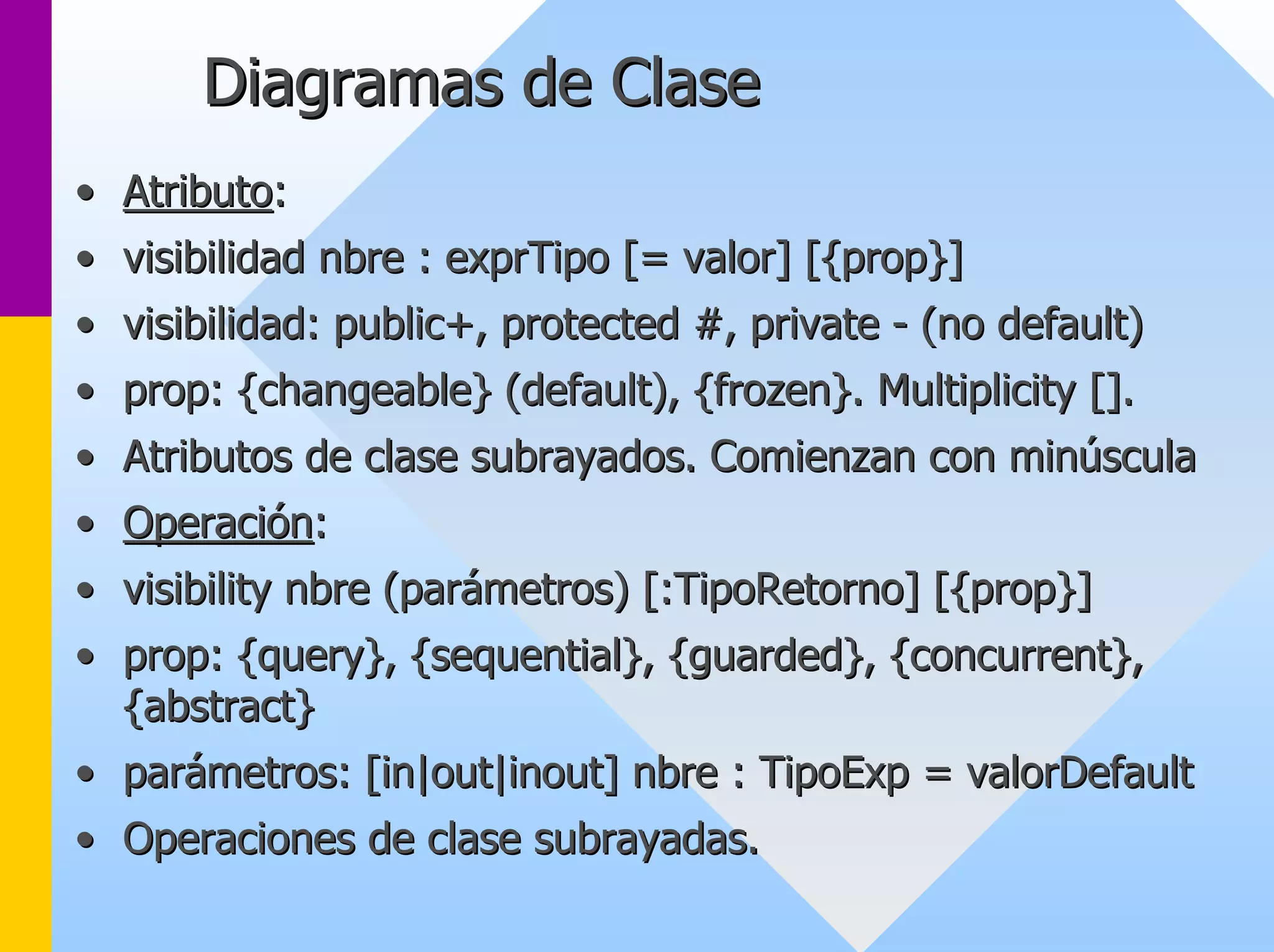 Diagramas de Clase 
•• Atributo Atributo: : 
•• visibilidad nbre : exprTipo [= valor] [{prop}] 
•• visibilidad: public+, protected #, private - (no default) 
•• prop: {changeable} (default), {frozen}. Multiplicity []. 
•• Atributos de clase subrayados. Comienzan con minúscula 
•• Operación Operación: 
•• visibility nbre (parámetros) [:TipoRetorno] [{prop}] 
•• prop: {query}, {sequential}, {guarded}, {concurrent}, 
{abstract} 
•• parámetros: [in|out|inout] nbre : TipoExp = valorDefault 
•• Operaciones de clase subrayadas. 
 