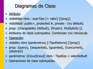 Diagramas de Clase 
•• Atributo Atributo: : 
•• visibilidad nbre : exprTipo [= valor] [{prop}] 
•• visibilidad: public+, protected #, private - (no default) 
•• prop: {changeable} (default), {frozen}. Multiplicity []. 
•• Atributos de clase subrayados. Comienzan con minúscula 
•• Operación Operación: 
•• visibility nbre (parámetros) [:TipoRetorno] [{prop}] 
•• prop: {query}, {sequential}, {guarded}, {concurrent}, 
{abstract} 
•• parámetros: [in|out|inout] nbre : TipoExp = valorDefault 
•• Operaciones de clase subrayadas. 
 