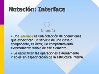 Notación Notación: Interface 
: Iortografía 
•• Una interface es una colección de operaciones 
que especifican un servicio de una clase o 
componente, es decir, un comportamiento 
externamente visible de ese elemento. 
•• Se especifican las operaciones externamente 
visibles sin especificación de la estructura interna. 
 