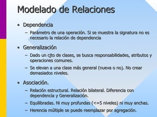Modelado de Relaciones 
•• Dependencia 
–– Parámetro de una operación. Si se muestra la signatura no es 
necesario la relación de dependencia 
•• Generalización 
–– Dado un cjto de clases, se busca responsabilidades, atributos y 
operaciones comunes. 
–– Se elevan a una clase más general (nueva o no). No crear 
demasiados niveles. 
•• Asociación. 
–– Relación estructural. Relación bilateral. Diferencia con 
dependencia y Generalización. 
–– Equilibradas. Ni muy profundas (<=5 niveles) ni muy anchas. 
–– Herencia múltiple se puede reemplazar por agregación. 
 