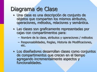 Diagrama de Clase 
•• Una clase es una descripción de conjunto de 
objetos que comparten los mismos atributos, 
operaciones, métodos, relaciones y semántica. 
•• Las clases son graficamente representadas por 
cajas con compartimentos para: 
–– Nombre de la clase, atributos y operaciones / métodos 
–– Responsabilidades, Reglas, Historia de Modificaciones, 
etc etc. 
•• Los diseñadores desarrollan clases como conjuntos 
de compartimentos que crecen en el tiempo 
agregando incrementalmente aspectos y 
funcionalidades. 
 