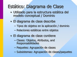 Estático: Diagrama de Clase 
•• Utilizado para la estructura estática del 
modelo conceptual / Dominio 
•• El diagrama de clase describe 
–– Tipos de objetos en la aplicación / dominio 
–– Relaciones estáticas entre objetos 
•• El diagrama de clase contiene 
–– Clases: Objetos Objetos, , Atributos Atributos, and 
, Responsabilidades 
–– Paquetes: Agrupación de clases 
–– Subsistemas: Agrupación de clases/paquetes 
 