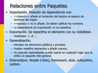 Relaciones entre Paquetes 
•• Importación. Relación de dependencia con: 
–– <<import>> añade el contenido del destino al espacio de 
nombres del origen. 
–– <<access>> no lo añade. Se deben calificar los nombres. 
–– La dependencia de importación no es transitiva. 
•• Exportación. Se especifica el elemento con su visibilidad. 
–– Visibilidad: +, #, -. 
•• Generalización. 
–– Heredan los elementos públicos y privados. 
–– Pueden redefinir elementos y añadir nuevos. 
–– Un paquete especializado puede usarse en cualquier lugar que se 
utilice un paquete más general. 
•• Estereotipos: facade (vista), framework framework, , stub stub, , subsystem subsystem, , 
system system. 
 