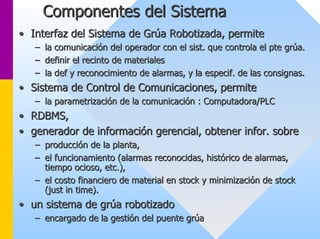 Componentes del Sistema 
•• Interfaz del Sistema de Grúa Robotizada, permite 
–– la comunicación del operador con el sist. que controla el pte gr grúa. úa. 
–– definir el recinto de materiales 
–– la def y reconocimiento de alarmas, y la especif. de las consign consignas. as. 
•• Sistema de Control de Comunicaciones, permite 
–– la parametrización de la comunicación : Computadora/PLC 
•• RDBMS, 
•• generador de información gerencial, obtener infor. sobre 
–– producción de la planta, 
–– el funcionamiento (alarmas reconocidas, histórico de alarmas, 
tiempo ocioso, etc.), 
–– el costo financiero de material en stock y minimización de stock 
(just in time). 
•• un sistema de grúa robotizado 
–– encargado de la gestión del puente grúa 
 