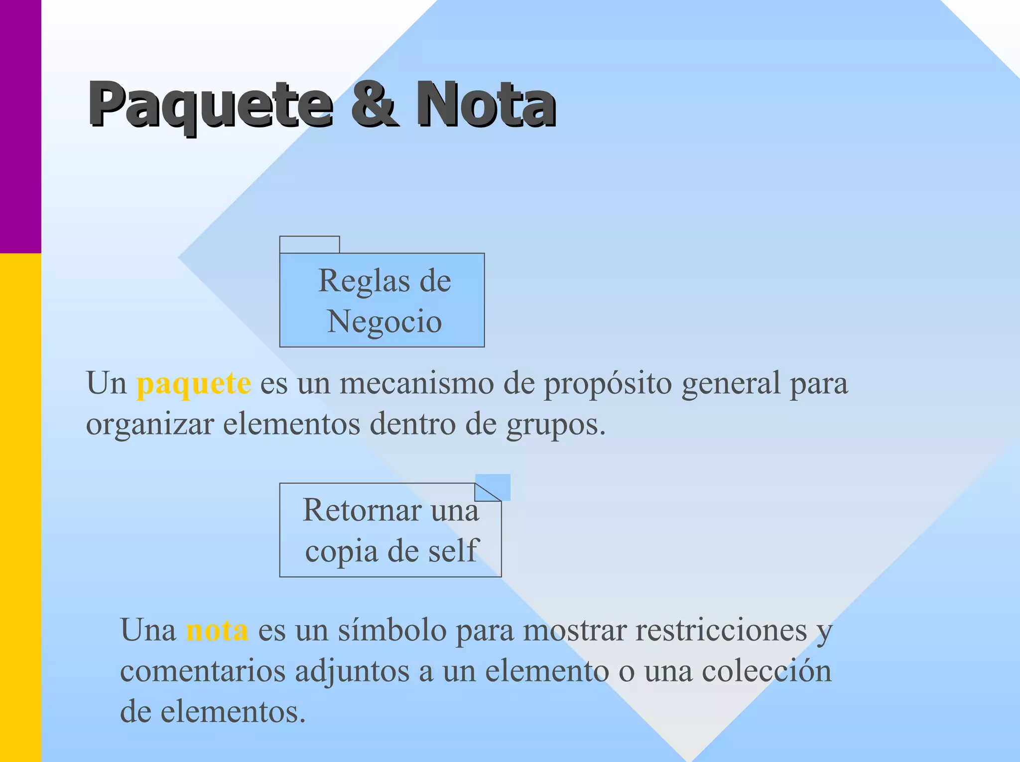 Paquete & Nota 
Reglas de Negocio 
Un paquetees un mecanismo de propósito general para organizar elementos dentro de grupos. Retornar una copia de self 
Una nota es un símbolo para mostrar restricciones y comentarios adjuntos a un elemento o una colección de elementos.  