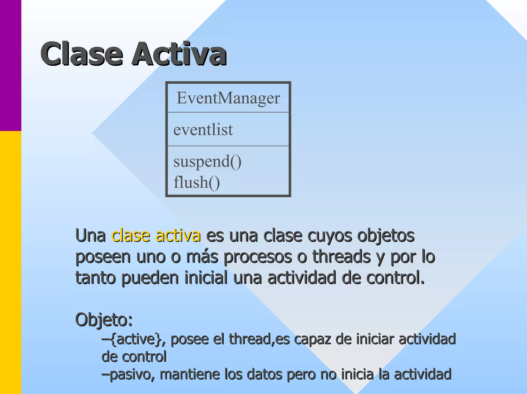 Clase Activa 
EventManagereventlistsuspend() flush() 
Una clase activa es una clase cuyos objetos 
poseen uno o más procesos o threads y por lo 
tanto pueden inicial una actividad de control. 
Objeto: 
––{active}, posee el thread,es capaz de iniciar actividad 
{de control 
––pasivo, mantiene los datos pero no inicia la actividad 
 
