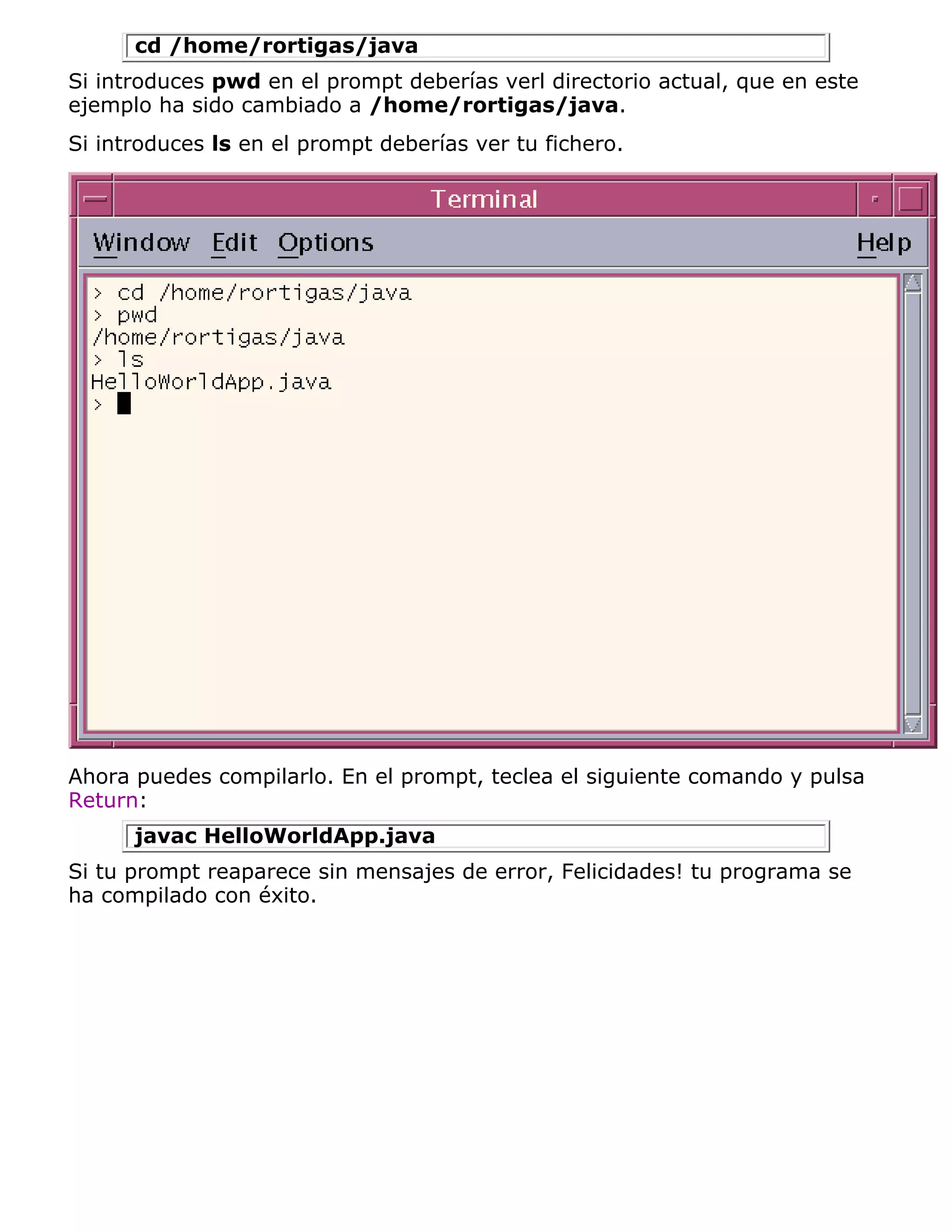 cd /home/rortigas/java
Si introduces pwd en el prompt deberías verl directorio actual, que en este
ejemplo ha sido cambiado a /home/rortigas/java.
Si introduces ls en el prompt deberías ver tu fichero.




Ahora puedes compilarlo. En el prompt, teclea el siguiente comando y pulsa
Return:
      javac HelloWorldApp.java
Si tu prompt reaparece sin mensajes de error, Felicidades! tu programa se
ha compilado con éxito.
 