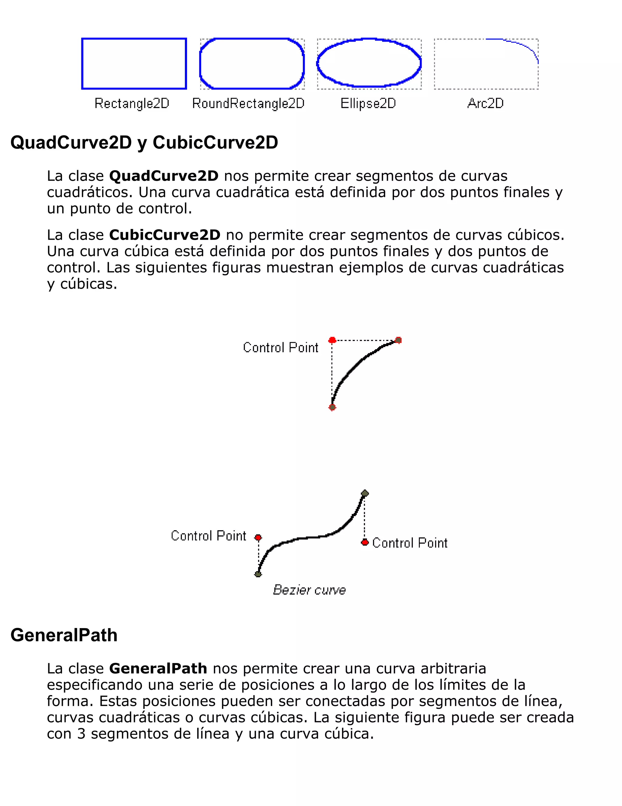 QuadCurve2D y CubicCurve2D
   La clase QuadCurve2D nos permite crear segmentos de curvas
   cuadráticos. Una curva cuadrática está definida por dos puntos finales y
   un punto de control.
   La clase CubicCurve2D no permite crear segmentos de curvas cúbicos.
   Una curva cúbica está definida por dos puntos finales y dos puntos de
   control. Las siguientes figuras muestran ejemplos de curvas cuadráticas
   y cúbicas.




GeneralPath
   La clase GeneralPath nos permite crear una curva arbitraria
   especificando una serie de posiciones a lo largo de los límites de la
   forma. Estas posiciones pueden ser conectadas por segmentos de línea,
   curvas cuadráticas o curvas cúbicas. La siguiente figura puede ser creada
   con 3 segmentos de línea y una curva cúbica.
 