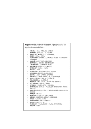 Repertório de palavras usadas no jogo: (Palavras em
negrito são as das fichas):
-

ARARA – ASA – ABELHA – AVIÃO
BANCO – BANDEJA – BANDEIRA
BIBLIOTECA – BICICLETA – BIGODE
BODE – BOLA – BOTA
CAPACETE – CADEIRA – CAVALO – CASA – CADERNO –
CAVERNA
CHULÉ – CHUVEIRO – CHUPETA
DENTISTA – DENTE – DENTADURA
– ELÁSTICO – ELEFANTE – ÉGUA
ESTRADA – ESTRELA – ESQUILO
FAZENDA – FACA – FADA
FIVELA – FITA
GAROTO – GALINHA – GATO – GALO
IOGURTE – IGREJA – ILHA – IGLU
JAVALI – JACA – JARRO – JACARÉ
LADEIRA – LATA – LÁPIS- LAÇO – LARANJA
MALA – MAPA – MACACO – MAÇÃ
MARGARIDA – MARTELO
MELECA – MELANCIA – MEDALHA – MÉDICO
NATUREZA – NAVIO – NARIZ
OVELHA – OLHO – OVO – ORELHA
PARAFUSO – PAVÃO – PALHAÇO – PAPAGAIO – PATO –
PALITO
PIOLHO – PILHA – PIÃO – PIRATA – PIANO – PIRULITO –
PICOLÉ
PRAÇA – PRATO –
RAPOSA – RÁDIO – RABO – RATO
RÉDEA – RELÓGIO – RÉGUA – REBOQUE
SACO – SAPATO – SAPO
TATUAGEM – TATU – TAPETE
UMBU – UVA – UVAS
VARINHA – VAGA-LUME – VACA – VASSOURA
VELHA – VELA
35

 