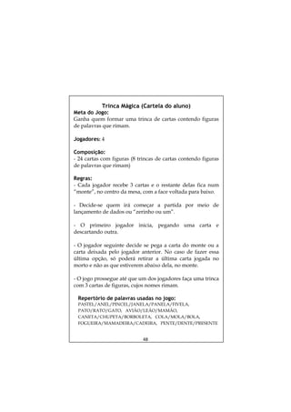 Trinca Mágica (Cartela do aluno)
Meta do Jogo:
Ganha quem formar uma trinca de cartas contendo figuras
de palavras que rimam.

Jogadores: 4

Composição:
- 24 cartas com figuras (8 trincas de cartas contendo figuras
de palavras que rimam)

Regras:
- Cada jogador recebe 3 cartas e o restante delas fica num
“monte”, no centro da mesa, com a face voltada para baixo.

- Decide-se quem irá começar a partida por meio de
lançamento de dados ou “zerinho ou um”.

- O primeiro jogador inicia, pegando uma carta e
descartando outra.

- O jogador seguinte decide se pega a carta do monte ou a
carta deixada pelo jogador anterior. No caso de fazer essa
última opção, só poderá retirar a última carta jogada no
morto e não as que estiverem abaixo dela, no monte.

- O jogo prossegue até que um dos jogadores faça uma trinca
com 3 cartas de figuras, cujos nomes rimam.

 Repertório de palavras usadas no jogo:
 PASTEL/ANEL/PINCEL/JANELA/PANELA/FIVELA,
 PATO/RATO/GATO, AVIÃO/LEÃO/MAMÃO,
 CANETA/CHUPETA/BORBOLETA, COLA/MOLA/BOLA,
 FOGUEIRA/MAMADEIRA/CADEIRA, PENTE/DENTE/PRESENTE


                             48
 
