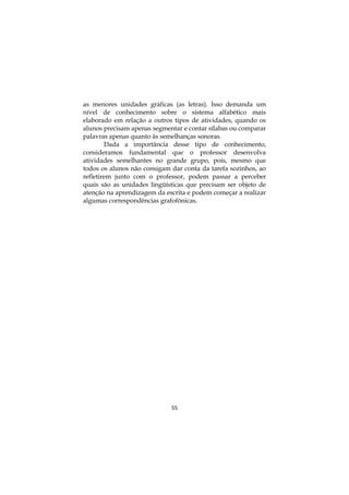 as menores unidades gráficas (as letras). Isso demanda um
nível de conhecimento sobre o sistema alfabético mais
elaborado em relação a outros tipos de atividades, quando os
alunos precisam apenas segmentar e contar sílabas ou comparar
palavras apenas quanto às semelhanças sonoras.
        Dada a importância desse tipo de conhecimento,
consideramos fundamental que o professor desenvolva
atividades semelhantes no grande grupo, pois, mesmo que
todos os alunos não consigam dar conta da tarefa sozinhos, ao
refletirem junto com o professor, podem passar a perceber
quais são as unidades lingüísticas que precisam ser objeto de
atenção na aprendizagem da escrita e podem começar a realizar
algumas correspondências grafofônicas.




                             55
 