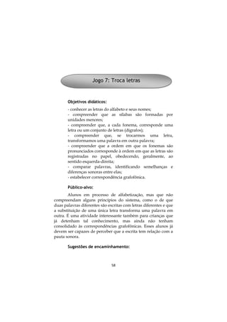 Jogo 7: Troca letras


       Objetivos didáticos:
       - conhecer as letras do alfabeto e seus nomes;
       - compreender que as sílabas são formadas por
       unidades menores;
       - compreender que, a cada fonema, corresponde uma
       letra ou um conjunto de letras (dígrafos);
       - compreender que, se trocarmos uma letra,
       transformamos uma palavra em outra palavra;
       - compreender que a ordem em que os fonemas são
       pronunciados corresponde à ordem em que as letras são
       registradas no papel, obedecendo, geralmente, ao
       sentido esquerda-direita;
       - comparar palavras, identificando semelhanças e
       diferenças sonoras entre elas;
       - estabelecer correspondência grafofônica.

       Público-alvo:
       Alunos em processo de alfabetização, mas que não
compreendam alguns princípios do sistema, como o de que
duas palavras diferentes são escritas com letras diferentes e que
a substituição de uma única letra transforma uma palavra em
outra. É uma atividade interessante também para crianças que
já detenham tal conhecimento, mas ainda não tenham
consolidado às correspondências grafofônicas. Esses alunos já
devem ser capazes de perceber que a escrita tem relação com a
pauta sonora.

       Sugestões de encaminhamento:



                               58
 