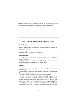 Para as crianças em níveis iniciais, poderia ser proposto pensar sobre
a quantidade de segmentos sonoros das palavras das figuras.




      Palavra dentro de palavra (Cartela do aluno)

  Meta do jogo:
  Ganha o jogo quem formar mais pares de palavras usando as
  fichas que recebeu.

  Jogadores: 2, 3 ou 4 jogadores ou grupos.

  Componentes:
  - 12 fichas de cor azul contendo figuras e as palavras
  correspondentes
  - 12 fichas de cor vermelha, contendo figuras cujos nomes se
  encontram dentro das palavras das fichas azuis

  Regras:
  - As 12 fichas de cor vermelha são distribuídas igualmente entre
  os jogadores.
  - As fichas de cor azul devem ficar em um monte, viradas para
  baixo, no meio da mesa.
  - Decide-se quem iniciará o jogo e a ordem das jogadas.
  - Dado o sinal de início do jogo, o primeiro jogador deve
  desvirar uma ficha de monte e verificar quasl, entre as suas
  fichas vermelhas apresenta “a palavra dentro da palavra” da
  ficha azul que foi desvirada. Caso encontre um par, o jogador
  deve baixá-lo sobre a mesa; se nenhuma de suas fichas
  vermelhas tiver uma “ palavra dentro de palavra” que foi



                                 68
 