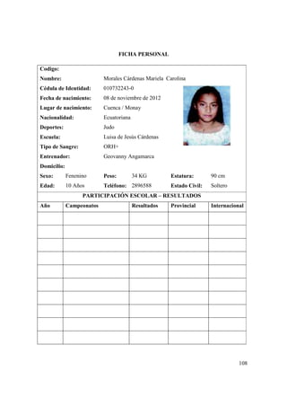 108
FICHA PERSONAL
Codigo:
Nombre: Morales Cárdenas Mariela Carolina
Cédula de Identidad: 010732243-0
Fecha de nacimiento: 08 de noviembre de 2012
Lugar de nacimiento: Cuenca / Monay
Nacionalidad: Ecuatoriana
Deportes: Judo
Escuela: Luisa de Jesús Cárdenas
Tipo de Sangre: ORH+
Entrenador: Geovanny Angamarca
Domicilio:
Sexo: Fenenino Peso: 34 KG Estatura: 90 cm
Edad: 10 Años Teléfono: 2896588 Estado Civil: Soltero
PARTICIPACIÓN ESCOLAR – RESULTADOS
Año Campeonatos Resultados Provincial Internacional
 