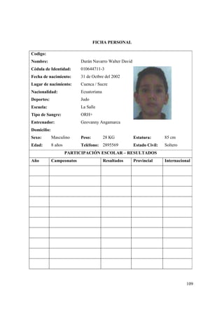 109
FICHA PERSONAL
Codigo:
Nombre: Durán Navarro Walter David
Cédula de Identidad: 010644711-3
Fecha de nacimiento: 31 de Octbre del 2002
Lugar de nacimiento: Cuenca / Sucre
Nacionalidad: Ecuatoriana
Deportes: Judo
Escuela: La Salle
Tipo de Sangre: ORH+
Entrenador: Geovanny Angamarca
Domicilio:
Sexo: Masculino Peso: 28 KG Estatura: 85 cm
Edad: 8 años Teléfono: 2895569 Estado Civil: Soltero
PARTICIPACIÓN ESCOLAR – RESULTADOS
Año Campeonatos Resultados Provincial Internacional
 