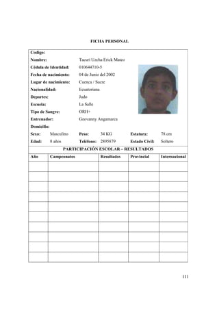 111
FICHA PERSONAL
Codigo:
Nombre: Tacuri Uzcha Erick Mateo
Cédula de Identidad: 010644710-5
Fecha de nacimiento: 04 de Junio del 2002
Lugar de nacimiento: Cuenca / Sucre
Nacionalidad: Ecuatoriana
Deportes: Judo
Escuela: La Salle
Tipo de Sangre: ORH+
Entrenador: Geovanny Angamarca
Domicilio:
Sexo: Masculino Peso: 34 KG Estatura: 78 cm
Edad: 8 años Teléfono: 2895879 Estado Civil: Soltero
PARTICIPACIÓN ESCOLAR – RESULTADOS
Año Campeonatos Resultados Provincial Internacional
 