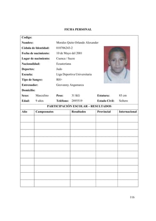 116
FICHA PERSONAL
Codigo:
Nombre: Morales Quito Orlando Alexander
Cédula de Identidad: 010706243-2
Fecha de nacimiento: 10 de Mayo del 2001
Lugar de nacimiento: Cuenca / Sucre
Nacionalidad: Ecuatoriana
Deportes: Judo
Escuela: Liga Deportiva Universitaria
Tipo de Sangre: RH+
Entrenador: Geovanny Angamarca
Domicilio:
Sexo: Masculino Peso: 31 KG Estatura: 85 cm
Edad: 9 años Teléfono: 2895519 Estado Civil: Soltero
PARTICIPACIÓN ESCOLAR – RESULTADOS
Año Campeonatos Resultados Provincial Internacional
 