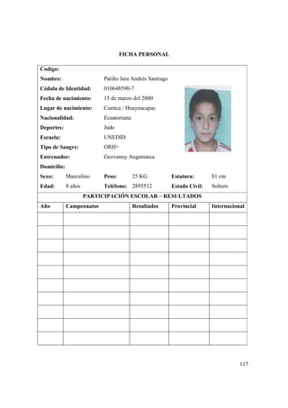 117
FICHA PERSONAL
Codigo:
Nombre: Patiño Jara Andrés Santiago
Cédula de Identidad: 010648590-7
Fecha de nacimiento: 15 de marzo del 2000
Lugar de nacimiento: Cuenca / Huaynacapac
Nacionalidad: Ecuatoriana
Deportes: Judo
Escuela: UNEDID
Tipo de Sangre: ORH+
Entrenador: Geovanny Angamarca
Domicilio:
Sexo: Masculino Peso: 25 KG Estatura: 81 cm.
Edad: 8 años Teléfono: 2895512 Estado Civil: Soltero
PARTICIPACIÓN ESCOLAR – RESULTADOS
Año Campeonatos Resultados Provincial Internacional
 
