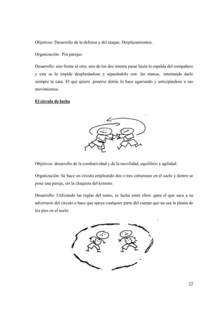 Objetivos: Desarrollo de la defensa y del ataque. Desplazamientos.
Organización. Por parejas.
Desarrollo: uno frente al otro, uno de
y este se lo impide desplazándose y separándolo con
siempre la cara. El que quiere
movimientos.
El circulo de lucha
Objetivos: desarrollo de la combatividad y de la movilidad, equilibrio y agilidad.
Organización: Se hace un círculo empleando dos o tres cinturones en el suelo y dentro se
pone una pareja, sin la chaqueta del kimono.
Desarrollo: Utilizando las reglas del
adversario del círculo o hace que apoye cualquier parte del cuerpo que no sea la planta de
los pies en el suelo.
Objetivos: Desarrollo de la defensa y del ataque. Desplazamientos.
Por parejas.
Desarrollo: uno frente al otro, uno de los dos intenta pasar hasta la espalda del compañero
y este se lo impide desplazándose y separándolo con las manos,
siempre la cara. El que quiere ponerse detrás lo hace agarrando y anticipándose a sus
Objetivos: desarrollo de la combatividad y de la movilidad, equilibrio y agilidad.
Organización: Se hace un círculo empleando dos o tres cinturones en el suelo y dentro se
pone una pareja, sin la chaqueta del kimono.
Desarrollo: Utilizando las reglas del sumo, se lucha entre ellos: gana el que saca a su
adversario del círculo o hace que apoye cualquier parte del cuerpo que no sea la planta de
22
los dos intenta pasar hasta la espalda del compañero
las manos, intentando darle
ponerse detrás lo hace agarrando y anticipándose a sus
Objetivos: desarrollo de la combatividad y de la movilidad, equilibrio y agilidad.
Organización: Se hace un círculo empleando dos o tres cinturones en el suelo y dentro se
sumo, se lucha entre ellos: gana el que saca a su
adversario del círculo o hace que apoye cualquier parte del cuerpo que no sea la planta de
 
