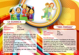 Lugar: Patio
Material Necesario: Cordón
Organización: Por parejas
Desarrollo del juego:
Se trazan dos líneas paralelas, a una distancia de diez metros.
Los jugadores están por pares, amarrándose la pierna izquierda
de uno con la derecha del otro; puede ser un poco más arriba del
tobillo o un poco debajo de la rodilla. A la señal, parten los
pares corriendo hacia la línea de llegada.
El secreto para correr bien es sincronizar la partida. El par debe
dar el primer paso con las piernas que le quedan sueltas. Será
vencedor el par que llegue primero a la meta.
“TRES PIERNAS”
Lugar: Patio
Material Necesario: Guaraca
Organización: Grupo grande
Desarrollo del juego:
Unos 20 niños se colocan en círculo con los brazos atrás, todos
mirando hacia el centro. Un niño que ha quedado afuera gira
alrededor del círculo, con la guaraca en sus manos (un cinturón,
una correa), diciendo en voz alta el siguiente estribillo:
“Nadie mire por atrás
que aquí anda la guaraca” (dos o tres veces)
El momento menos pensado entrega la guaraca a un niño,
debiendo el que está a su lado derecho correr fuera del círculo
perseguido por la guaraca.
Si es alcanzado por la guaraca, este niño reinicia el juego
recitando el estribillo.
LA GUARACA
952
 