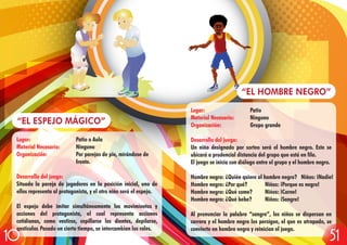 Lugar: Patio o Aula
Material Necesario: Ninguno
Organización: Por parejas de pie, mirándose de
frente.
Desarrollo del juego:
Situada la pareja de jugadores en la posición inicial, uno de
ellos representa al protagonista, y el otro niño será el espejo.
El espejo debe imitar simultáneamente los movimientos y
acciones del protagonista, el cual representa acciones
cotidianas, como vestirse, cepillarse los dientes, depilarse,
gesticular. Pasado un cierto tiempo, se intercambian los roles.
“EL ESPEJO MÁGICO”
Lugar: Patio
Material Necesario: Ninguno
Organización: Grupo grande
Desarrollo del juego:
Un niño designado por sorteo será el hombre negro. Este se
ubicará a prudencial distancia del grupo que está en fila.
El juego se inicia con diálogo entre el grupo y el hombre negro.
Hombre negro: ¿Quién quiere al hombre negro? Niños: ¡Nadie!
Hombre negro: ¿Por qué? Niños: ¡Porque es negro!
Hombre negro: ¿Qué come? Niños: ¡Carne!
Hombre negro: ¿Qué bebe? Niños: ¡Sangre!
Al pronunciar la palabra “sangre”, los niños se dispersan en
carrera y el hombre negro los persigue, el que es atrapado, se
convierte en hombre negro y reinician el juego.
“EL HOMBRE NEGRO”
5110
 
