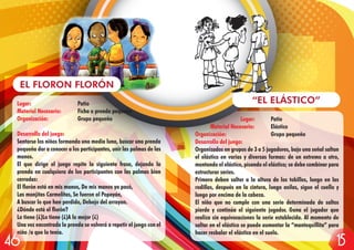 Lugar: Patio
Material Necesario: Elástico
Organización: Grupo pequeño
Desarrollo del juego:
Organizados en grupos de 3 a 5 jugadores, bajo una señal saltan
el elástico en varias y diversas formas: de un extremo a otro,
montando el elástico, pisando el elástico; se debe combinar para
estructurar series.
Primero deben saltar a la altura de los tobillos, luego en las
rodillas, después en la cintura, luego axilas, sigue el cuello y
luego por encima de la cabeza.
El niño que no cumple con una serie determinada de saltos
pierde y continúa el siguiente jugador. Gana el jugador que
realiza sin equivocaciones la serie establecida. Al momento de
saltar en el elástico se puede aumentar la “mantequillita” para
hacer resbalar el elástico en el suelo.
“EL ELÁSTICO”Lugar: Patio
Material Necesario: Ficha o prenda pequeña
Organización: Grupo pequeño
Desarrollo del juego:
Sentarse los niños formando una media luna, buscar una prenda
pequeña dar a conocer a los participantes, unir las palmas de las
manos.
El que dirige el juego repite la siguiente frase, dejando la
prenda en cualquiera de los participantes con las palmas bien
cerradas:
El florón está en mis manos, De mis manos ya pasó,
Las monjitas Carmelitas, Se fueron al Popayán,
A buscar lo que han perdido, Debajo del arrayan.
¿Dónde está el florón?
Lo tiene (¿)Lo tiene (¿)A lo mejor (¿)
Una vez encontrada la prenda se volverá a repetir el juego con el
niño /a que lo tenía.
EL FLORON FLORÓN
1546
 