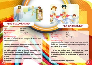Lugar: Patio
Material Necesario: Ninguno
Organización: Por parejas
Desarrollo del juego:
Agrupados en parejas y tras una línea de salida donde se ubican
uno tras otro, el de adelante se pone en posición plancha y el de
atrás le toma de las piernas.
A la voz del profesor todos parten hasta una marca
preestablecida, donde se cambian de función y regresan.
No pueden desplazarse si no sostienen las piernas de su
compañero.
Gana aquella pareja que llega primero.
“LA CARRETILLA”
Lugar: Patio o aula
Material Necesario: Ninguno
Organización: Grupo pequeño.
Desarrollo del juego:
Por sorteo se designa al niño encargado de buscar a los
compañeros escondidos.
El escogido se queda junto al profesor/a y el resto se esconde en
cualquier lugar dentro del campo de juego.
A la señal establecida, inicia la búsqueda, encontrados uno o
varios escondidos, retornan todos al sitio de partida.
El niño/a que fue encontrado en primer lugar será el encargado
de buscar.
Se repite el juego tantas veces como persista el interés de los
participantes.
“LAS ESCONDIDAS”
2536
 