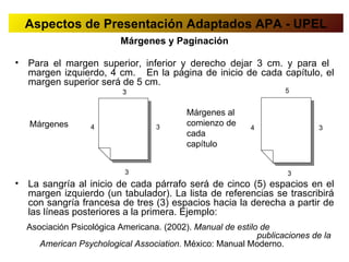 Aspectos de Presentación Adaptados APA - UPEL
                           Márgenes y Paginación

•   Para el margen superior, inferior y derecho dejar 3 cm. y para el
    margen izquierdo, 4 cm. En la página de inicio de cada capítulo, el
    margen superior será de 5 cm.
                            3                                        5


                                            Márgenes al
    Márgenes        4               3
                                            comienzo de     4                3
                                            cada
                                            capítulo


                            3                                         3
•   La sangría al inicio de cada párrafo será de cinco (5) espacios en el
    margen izquierdo (un tabulador). La lista de referencias se trascribirá
    con sangría francesa de tres (3) espacios hacia la derecha a partir de
    las líneas posteriores a la primera. Ejemplo:
    Asociación Psicológica Americana. (2002). Manual de estilo de
                                                              publicaciones de la
       American Psychological Association. México: Manual Moderno.
 