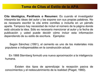 Toma de Citas al Estilo de la APA

Cita ideológica, Paráfrasis o Resumen: Es cuando el investigador
interpreta las ideas del autor y las expone con sus propias palabras. No
es necesario escribir la cita entre comillas o incluirla en un párrafo
aparte. Tampoco hay necesidad de incluir el número de la página donde
está ubicada la idea. Sólo es necesario mencionar al autor y la fecha de
publicación y usted puede decidir cómo incluir esta información
dependiendo de su estilo de escritura. Ejemplos:

   Según Sánchez (1991), el cemento es uno de los materiales más
populares e indispensables en la construcción actual.

  En 1988 Sternberg formuló una nueva aproximación a la inteligencia
humana.

       Existen dos tipos de aprendizaje: la recepción pasiva de
conocimientos y el redescubrimiento de la realidad (Piaget, 1980).
 