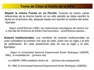 Toma de Citas al Estilo de la APA
Repetir la misma Fuente en un Párrafo: Cuando se hacen varias
referencias de la misma fuente en un sólo párrafo se debe escribir la
fecha en la primera cita, después basta con escribir el nombre del autor.
 Ejemplo:

    Según Janoff-Bulman (1992), las implicaciones psicológicas del trauma van
 a más allá del Síndrome de Estrés Post-traumático. Janoff-Bulman plantea...

Autores Institucionales: Los nombres de autores institucionales se
usan completos la primera vez que se citan, junto con su sigla y el año
de publicación. En citas posteriores solo se usa la sigla y el año.
Ejemplos:

     Según la Universidad Nacional Experimental Simón Rodríguez (UNESR,
1980), la modalidad de… [primera cita]

   La UNESR (1980) establece dentro de … [primera cita subsiguiente]

   En 1980, la Universidad Nacional Experimental Simón Rodríguez (UNESR)…
 