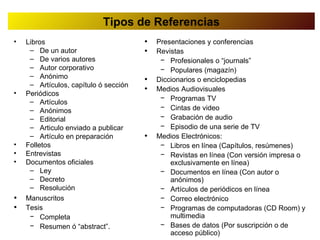 Tipos de Referencias
•   Libros                             •   Presentaciones y conferencias
     – De un autor                     •   Revistas
     – De varios autores                    − Profesionales o “journals”
     – Autor corporativo                    − Populares (magazín)
     – Anónimo
                                       •   Diccionarios o enciclopedias
     – Artículos, capítulo ó sección
•
                                       •   Medios Audiovisuales
    Periódicos
                                            − Programas TV
     – Artículos
     – Anónimos                             − Cintas de video
     – Editorial                            − Grabación de audio
     – Articulo enviado a publicar          − Episodio de una serie de TV
     – Artículo en preparación         •   Medios Electrónicos:
•   Folletos                                − Libros en línea (Capítulos, resúmenes)
•   Entrevistas                             − Revistas en línea (Con versión impresa o
•   Documentos oficiales                       exclusivamente en línea)
     – Ley                                  − Documentos en línea (Con autor o
     – Decreto                                 anónimos)
     – Resolución                           − Artículos de periódicos en línea
•   Manuscritos                             − Correo electrónico
•   Tesis                                   − Programas de computadoras (CD Room) y
     − Completa                                multimedia
     − Resumen ó “abstract”.                − Bases de datos (Por suscripción o de
                                               acceso público)
 