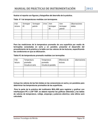 MANUAL DE PRÁCTICAS DE INSTRUMENTACIÓN 2012
Instituto Tecnológico de Mérida Página 98
Ilustrar el reporte con figuras y fotografías del desrrollo de la práctica.
Tabla # 1 de temperaturas medidas con termopares
# de
lectura
Termopar
#1
Termopar
patrón
Error Fem
termopar
#1
Fem
termopar
patrón
Observaciones
dadas
Para las mediciones de la temperatura promedio de una superficie por medio de
termopilas conectadas en serie y en paralelo; presentar el desarrollo del
procedimiento de la práctica y la tabla con los valores de las lecturas, especificando
las condiciones en que se efectuarón.
Tabla # 2 de temperaturas promedio medidas con termopilas
# de
lectura
Temperatura
promedio
Circuito en serie
Temperatura
promedio
Circuito en paralelo
Diferencia de
lecturas
observaciones
incluya los valores de las fem leidas en las conecxiones en serie y en paralelos para
determinar las temperaturas promedios de las superficies.
Para la parte de la práctica del multimetro MUL-600 para registrar y graficar con
interfacepara PC o LAP TOP, se deberá reportar las gráficas obtenidas y las tablas
de valores de temperatura, voltaje, amperaje y potencia eléctrica; esta última será
calculada.
 