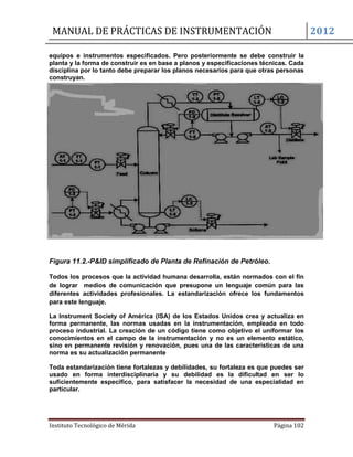MANUAL DE PRÁCTICAS DE INSTRUMENTACIÓN 2012
Instituto Tecnológico de Mérida Página 102
equipos e instrumentos especificados. Pero posteriormente se debe construir la
planta y la forma de construir es en base a planos y especificaciones técnicas. Cada
disciplina por lo tanto debe preparar los planos necesarios para que otras personas
construyan.
Figura 11.2.-P&ID simplificado de Planta de Refinación de Petróleo.
Todos los procesos que la actividad humana desarrolla, están normados con el fin
de lograr medios de comunicación que presupone un lenguaje común para las
diferentes actividades profesionales. La estandarización ofrece los fundamentos
para este lenguaje.
La Instrument Society of América (ISA) de los Estados Unidos crea y actualiza en
forma permanente, las normas usadas en la instrumentación, empleada en todo
proceso industrial. La creación de un código tiene como objetivo el uniformar los
conocimientos en el campo de la instrumentación y no es un elemento estático,
sino en permanente revisión y renovación, pues una de las características de una
norma es su actualización permanente
Toda estandarización tiene fortalezas y debilidades, su fortaleza es que puedes ser
usado en forma interdisciplinaria y su debilidad es la dificultad en ser lo
suficientemente específico, para satisfacer la necesidad de una especialidad en
particular.
 
