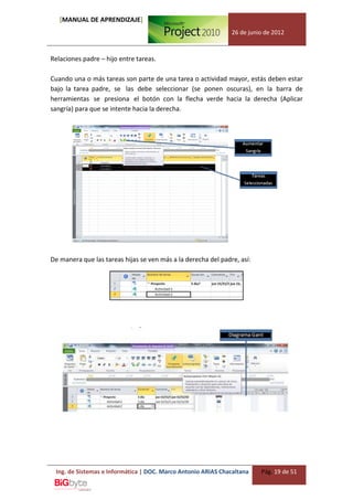 [MANUAL DE APRENDIZAJE]
                                                               26 de junio de 2012



Relaciones padre – hijo entre tareas.

Cuando una o más tareas son parte de una tarea o actividad mayor, estás deben estar
bajo la tarea padre, se las debe seleccionar (se ponen oscuras), en la barra de
herramientas se presiona el botón con la flecha verde hacia la derecha (Aplicar
sangría) para que se intente hacia la derecha.




De manera que las tareas hijas se ven más a la derecha del padre, así:




 Ing. de Sistemas e Informática | DOC. Marco Antonio ARIAS Chacaltana    Pág. 19 de 51
 