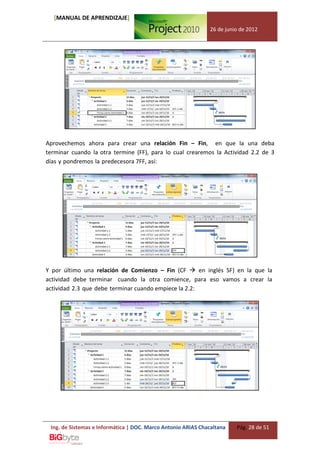 [MANUAL DE APRENDIZAJE]
                                                              26 de junio de 2012




Aprovechemos ahora para crear una relación Fin – Fin, en que la una deba
terminar cuando la otra termine (FF), para lo cual crearemos la Actividad 2.2 de 3
días y pondremos la predecesora 7FF, así:




Y por último una relación de Comienzo – Fin (CF  en inglés SF) en la que la
actividad debe terminar cuando la otra comience, para eso vamos a crear la
actividad 2.3 que debe terminar cuando empiece la 2.2:




 Ing. de Sistemas e Informática | DOC. Marco Antonio ARIAS Chacaltana   Pág. 28 de 51
 