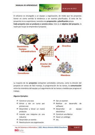[MANUAL DE APRENDIZAJE]
                                                              26 de junio de 2012



El esfuerzo es encargado a un equipo u organización, de modo que los proyectos
tienen en cierto sentido la tendencia a ser eventos planificados. El éxito de los
proyectos no es espontáneo; necesita una preparación y planificación previa.
Cada proyecto crea un producto o servicio único. Este es el objetivo del proyecto, la
razón por la que se emprende el proyecto.




La mayoría de los proyectos comparten actividades comunes, como la división del
proyecto en tareas de fácil manejo, la programación de las tareas, la comunicación
entre los miembros del equipo y el seguimiento de las tareas a medida que progresa el
trabajo.

Algunos Ejemplos:

    Construir una casa                            Dar un examen
    Armar y dar un curso por                      Realizar un desarrollo de
     primera vez                                    software
    Desarrollar y lanzar un nuevo                 Desarrollar      un   equipo
     producto                                       electrónico
    Instalar una máquina en una                   Construir una fábrica
     industria                                     Hacer un catálogo
    Desarrollar un evento                         etc.
    Reestructurar una organización

 Ing. de Sistemas e Informática | DOC. Marco Antonio ARIAS Chacaltana    Pág. 4 de 57
 