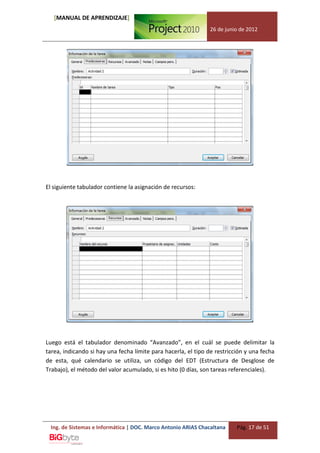 [MANUAL DE APRENDIZAJE]
                                                               26 de junio de 2012




El siguiente tabulador contiene la asignación de recursos:




Luego está el tabulador denominado “Avanzado”, en el cuál se puede delimitar la
tarea, indicando si hay una fecha límite para hacerla, el tipo de restricción y una fecha
de esta, qué calendario se utiliza, un código del EDT (Estructura de Desglose de
Trabajo), el método del valor acumulado, si es hito (0 días, son tareas referenciales).




 Ing. de Sistemas e Informática | DOC. Marco Antonio ARIAS Chacaltana     Pág. 17 de 51
 
