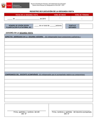 "Año de la Diversificación Productiva y del Fortalecimiento de la Educación"
“Decenio de las Personas con Discapacidad en el Perú 2007 – 2016”
REGISTRO DE EJECUCIÓN DE LA SEGUNDA VISITA
FECHA DE LA SEGUNDA VISITA HORA DE INICIO HORA DE TÉRMINO
______ de _____________________________ de 2015
:
:
NÚMERO DE SESIÓN SEGÚN
PLANIFICACIÓN PLATAFORMA JEC
_____ de un total de _______sesiones
ASESORÍA EN LA SEGUNDA VISITA
ASPECTOS ABORDADOS EN LA SEGUNDA ASESORÍA (Es indispensable hacer anotaciones cualitativas )
COMPROMISOS DEL DOCENTE ACOMPAÑADO (Es indispensable que el acompañado registre sus compromisos)
______________________________________________
Firma, apellidos y nombres del AEI
DNI Nº
______________________________________________
Firma, nombres y apellidos del docente acompañado
DNI Nº
PUNTAJE
OBTENIDO
 