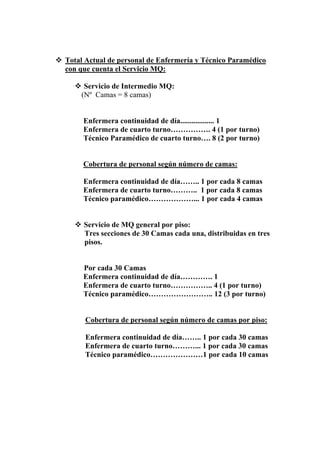 Total Actual de personal de Enfermería y Técnico Paramédico
con que cuenta el Servicio MQ:

     Servicio de Intermedio MQ:
    (Nº Camas = 8 camas)


     Enfermera continuidad de día.................. 1
     Enfermera de cuarto turno……………. 4 (1 por turno)
     Técnico Paramédico de cuarto turno…. 8 (2 por turno)


     Cobertura de personal según número de camas:

     Enfermera continuidad de día…….. 1 por cada 8 camas
     Enfermera de cuarto turno……….. 1 por cada 8 camas
     Técnico paramédico………………... 1 por cada 4 camas


     Servicio de MQ general por piso:
     Tres secciones de 30 Camas cada una, distribuidas en tres
     pisos.


     Por cada 30 Camas
     Enfermera continuidad de día…………. 1
     Enfermera de cuarto turno…………….. 4 (1 por turno)
     Técnico paramédico…………………….. 12 (3 por turno)


     Cobertura de personal según número de camas por piso:

     Enfermera continuidad de día…….. 1 por cada 30 camas
     Enfermera de cuarto turno………... 1 por cada 30 camas
     Técnico paramédico…………………1 por cada 10 camas
 