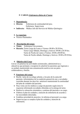 CARGO: Enfermera clínica de 4º turno


   1. Dependencia:
   • Directa:   Enfermera de continuidad del piso.
                Enfermera Supervisora
   • Indirecta: Médico Jefe del Servicio de Médico Quirúrgico


   2. Le reportan:
   • Técnico Paramédico


   3. Descripción del cargo:
   • Titulo: Enfermera Universitaria
   • Horario: Turno Largo de Lunes a Viernes: 08:00 a 20:30 hrs.
              Turno Largo Sábado, Domingo y festivos: 09:00 a 20:30 hrs.
              Turno de Noche de Lunes a Viernes: 20:00 a 08:00 hrs.
              Turno de Noche sábado, Domingo y festivos: 20:00 a 09:30 hrs.


   4. Objetivo del Cargo
Llevar a la práctica las actividades asistenciales, administrativas y
educativas que protejan y recuperen la salud de los pacientes que ingresan a
su unidad, manteniendo una comunicación asertiva con sus pares
colaboradores y familia.

   5. Funciones del cargo:
   • Recibe turno de su colega saliente, a los pies de la cama del
      paciente, informándose de la condición general de este y novedades
      ocurridas durante las doce hrs. anteriores manteniendo la continuidad
      del plan de cuidados del paciente.
   • Pasa visita con los médicos a cargo de paciente según éstos lo
      requieran informando novedades obtenidas en la entrega de turno.
   • Realiza la valoración sistemática y continua del paciente a su cargo.
   • Elabora el plan de cuidados y atención de enfermería de acuerdo a
      las necesidades detectadas.
   • Establece prioridad de atención y la informa al personal a su cargo.
   • Supervisa que se cumpla el plan de cuidados y atención de
      enfermería.
 
