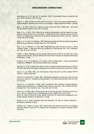 Manual de Piña
59Proyecto Especial
Pichis Palcazú
Bartholomew D. P; R.E Paull y K. G. Rohrbach. 2003. The pineapple, Boatny, production and
uses. CABI Publishing. USA. 301 pag.
Bello, A. S. 1989: El cultivo de piña (Ananas comosus L. Merr.) en la selva central del Perú y
algunos estudios realizados para mejorar su tecnología. Trabajo Profesional UNALM. 118 pág.
Bello, A. S. 1991. Cultivo de la piña en la selva central del Perú. INIAA Lima – Perú Serie
Técnica Informe Técnico 0.2/2.3 Nº 15-46 pag.
Bello, A. S. y A. Julca. 1995. Influencia de la época de plantación, tipo de material de propa-
gación e inducción floral en el crecimiento y desarrollo del cultivo de piña (Ananas comosus
L. Merr.) cv. ‘Samba’ bajo condiciones de la zona de Chanchamayo. INIA- Lima Perú - Informe
Técnico Nº ST-06 45 Pág.
Bello, A. S.; A. Julca y H. Villachica. 1997. Mancha de la fruta de piña tipo galerías asociada a
Melanoloma canopilosum Hendel. Acta Hort. 425: 493-500.
Bello, A. S., H. Villchica y A. Julca. 2004. Respuesta de la piña (Ananas comosus L, Merr.)
variedad ‘Samba’ a diferentes dosis de nitrógeno en Chanchamayo Perú. Proc. Interamer.
Soc. Trop. Hort. 48: 133-136.
Castillo, J. 2000. Diagnóstico de las manchas del fruto de la piña en la región de la selva
central. Acción Agraria. Contrato ATP/DA-STS-EIG Nº 187. Proyecto de Desarrollo Alternativo
USAID/Perú. 10 pág.
Cunha, G. A. P., J. R. S Cabral y L. F. S. Souza. 1999. O Abacaxizeiro – cultivo, agroindustria
e Economia. EMBRAPA- Cruz das Almas Bahia Brasil. 480 pág.
Figueroa, R., 1970. El cultivo de la piña en el Perú. Estación Experimental Agrícola La Molina.
Dirección General de Investigación Agropecuaria. Ministerio de Agricultura Lima Perú 32 pág.
Julca, O. A. y S. Bello. 1991. Las “manchas de la fruta” de piña en el Perú. Boletin MIP Nº
23/24:3 – CATIE, Costa Rica.
Julca O.A; E. Carbonell y S. Bello. 2001. Nemátodos asociados al cultivo de la piña (Ananas
comosus L. Merr.) cv. ‘ Samaba de Chanchamayo’ en al selva central del Perú. Rev. Per. Ent.
42: 219-223.
Julca O. A., E. Carbonell y S. Bello. 2004. Correlación entre población de fitonemátodos y
componentes de producción y calidad de piña (Ananas comosus L. Merr.) ‘Samba’ en Chan-
chamayo Perú. Proc. Interamer. Soc. Trop. Hort. 48: 115-118.
Julca O. A. y S. Bello. 2005. Control químico de la “mancha del fruto” de piña (Ananas como-
sus L. Merr.) cv. Cayena Lisa, en Chanchamayo (Perú). IDESIA Vol 23 (2): 33-38.
Morin, Ch. 1963. El cultivo de la piña. Boletín Técnico Nº 45. Servicio de Investigación y Pro-
moción Agraria. Ministerio de Agricultura. 19 pág.
Sinclair, E. et al., 1993. Pineapple Pests and Disorders. Ed. Dpto of Primary Industries –
Queensland. Australia. 63 pág.
Villachica, H., S. Bello y A. Julca. 1991. Mejoramiento del cultivo de la piña en la amazonia
peruana. Informe Técnico Nº 16. Programa de Investigación en Cultivos Tropicales INIAA.
Lima Perú.
BIBLIOGRAFIA CONSULTADA
 