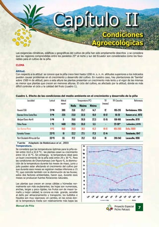 Manual de Piña
7Proyecto Especial
Pichis Palcazú
Las exigencias climáticas, edáficas y geográficas del cultivo de piña han sido ampliamente descritos y se considera
que las regiones comprendidas entre los paralelos 25° al norte y sur del Ecuador son considerados como los favo-
rables para el cultivo de la piña.
CLIMA
Altitud.
Con respecto a la altitud se conoce que la piña crece bien hasta 1200 m. s. n. m. altitudes superiores a los indicados
pueden causar problemas en el crecimiento y desarrollo del cultivo. En nuestro caso, hay plantaciones de ‘Samba’
sobre 1500 m de altitud; pero a esta altura las plantas presentan un crecimiento más lento y el vigor de las mismas
es menor que plantas que crecen en menores alturas. El ciclo del cultivo, es afectado por la altitud, donde es más
difícil controlar el ciclo y la calidad del fruto (cuadro 1).
Temperatura.
Cuadro 1. Efecto de las condiciones del medio ambiente en el crecimiento y desarrollo de la piña
Se considera que las temperaturas óptimas para la piña es-
tán entre 16.0 a 32.0 °C; las plantas cesan su crecimiento
entre 10 a 16 °C. Sin embargo, la temperatura ideal para
un buen crecimiento de la piña está entre 29 y 30 °C. Para
las condiciones de Chanchamayo (ver figura 4), la disminu-
ción de la temperatura durante los meses de mayo, junio y
julio pueden estar afectando el crecimiento del cultivo por
que durante esos meses se registran medias inferiores a 15
ºC; que coincide también con la disminución de las lluvias;
estos dos factores ambientales, hacen que, durante esos
meses se produzcan fuertes floraciones naturales.
Las plantas que crecen en zonas cálidas y húmedas nor-
malmente son más exuberantes; las hojas son numerosas,
anchas, largas y poco rígidas; los frutos son de mayor ta-
maño y mejor calidad; la corona es más grande, sensible
al daño por almacenamiento y transporte; los bulbillos e
hijuelos son muy vigorosos; en cambio, en las zonas don-
de la temperatura media son relativamente más bajas las
Capítulo IICapítulo II
Condiciones
Agroecológicas
Condiciones
Agroecológicas
 