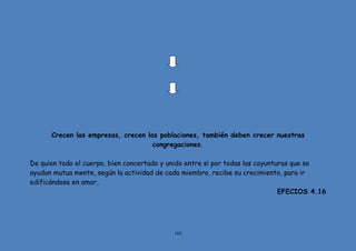 103
Crecen las empresas, crecen las poblaciones, también deben crecer nuestras
congregaciones.
De quien todo el cuerpo, bien concertado y unido entre si por todas las coyunturas que se
ayudan mutua mente, según la actividad de cada miembro, recibe su crecimiento, para ir
edificándose en amor,
EFECIOS 4.16
 