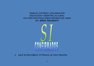 12
TRABAJO, ESFUERZO, CONSAGRACION
DEDICACION Y AMOR POR LAS ALMAS,
ASI COMO NOSOTROS HEMOS RECIBIDO DEL AMOR
DEL SEÑOR JESUCRISTO
 AQUÍ SE DESCUBRE EL POTENCIAL DE CADA PERSONA.
 