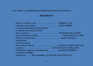 121
 NO TEMA A LA NECESIDAD DE PREPARACION DE UN DISCIPULO
BIBLIOGRAFIA
o Conducir un alma a cristo ………………………………………………..ROBERT G. LEE
o Liderazgo con propósito…………………………………………………….RICK WARREN
o La nueva evangelización Puerta a puerta
Un llamado del corazón de DIOS
Para el siglo xxi………………………………………………………………….FRANCISCO DE LA PEÑA
o Cita con la palabra d DIOS……………………………………………………. FRANCISCO DE LA PEÑA
o CIC para el crecimiento ……………………………………………………….misión carismática
internacional
o La oración eficaz
o Como levantar lideres…………………………………………………….CLAUDIA FAJARDO MCI 2001
o La visión……………………………………………………………… PASTOR CESAR CASTELLANOS
o Conferencia Congreso de Consolidación …………………….MAURICIO FORERO Y
CLAUDIA FAJARDO
o conferencia…………… RICK WARREN- LA IGLESIA CON PROPOSITO
 
