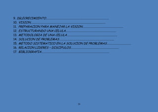 20
9. IGLECRECIMIENTO…………………………………………………………………………………
10. VISION…………………………………………………………………………………………………
11. PREPARACION PARA MANEJAR LA VISION…………………………………………………...
12. ESTRUCTURANDO UNA CELULA………………………………………………………………..
13. METODOLOGIA DE UNA CELULA………………………………………………………………..
14. SOLUCION DE PROBLEMAS……………………………………………………………………...
15. METODO SISTEMATICO EN LA SOLUCION DE PROBLEMAS………………………………
16. RELACION LIDERES – DISCIPULOS……………………………………………………………..
17. BIBLIOGRAFIA…………………………….…………………………………………………………
 